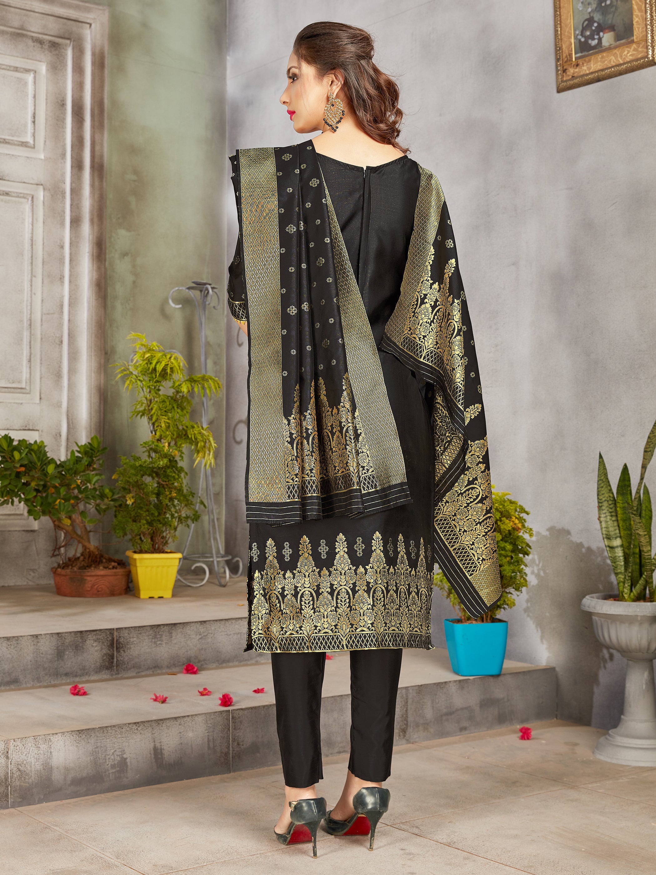 Trendy Suit Black Color Banarasi Art Silk Woven Dress For Engagement