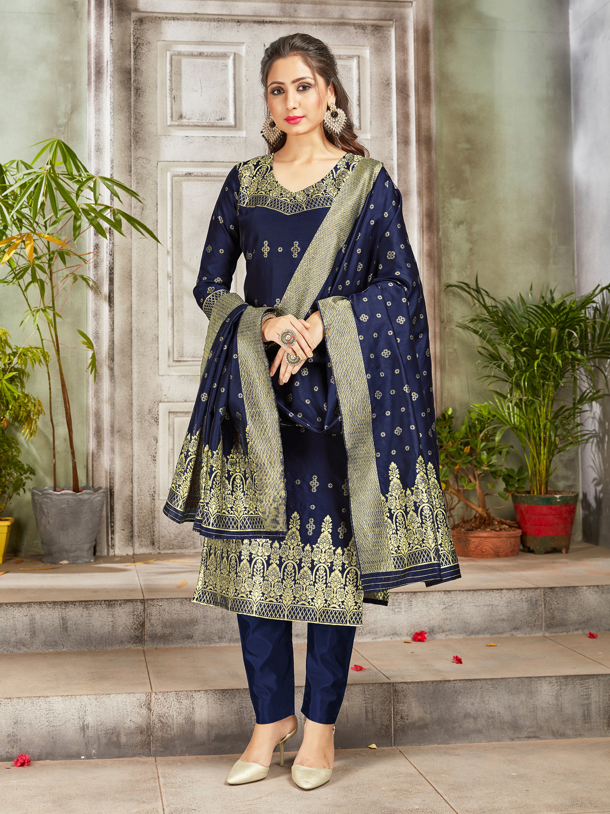 Trendy Suit Navy Blue Color Banarasi Art Silk Woven Dress For Engagement