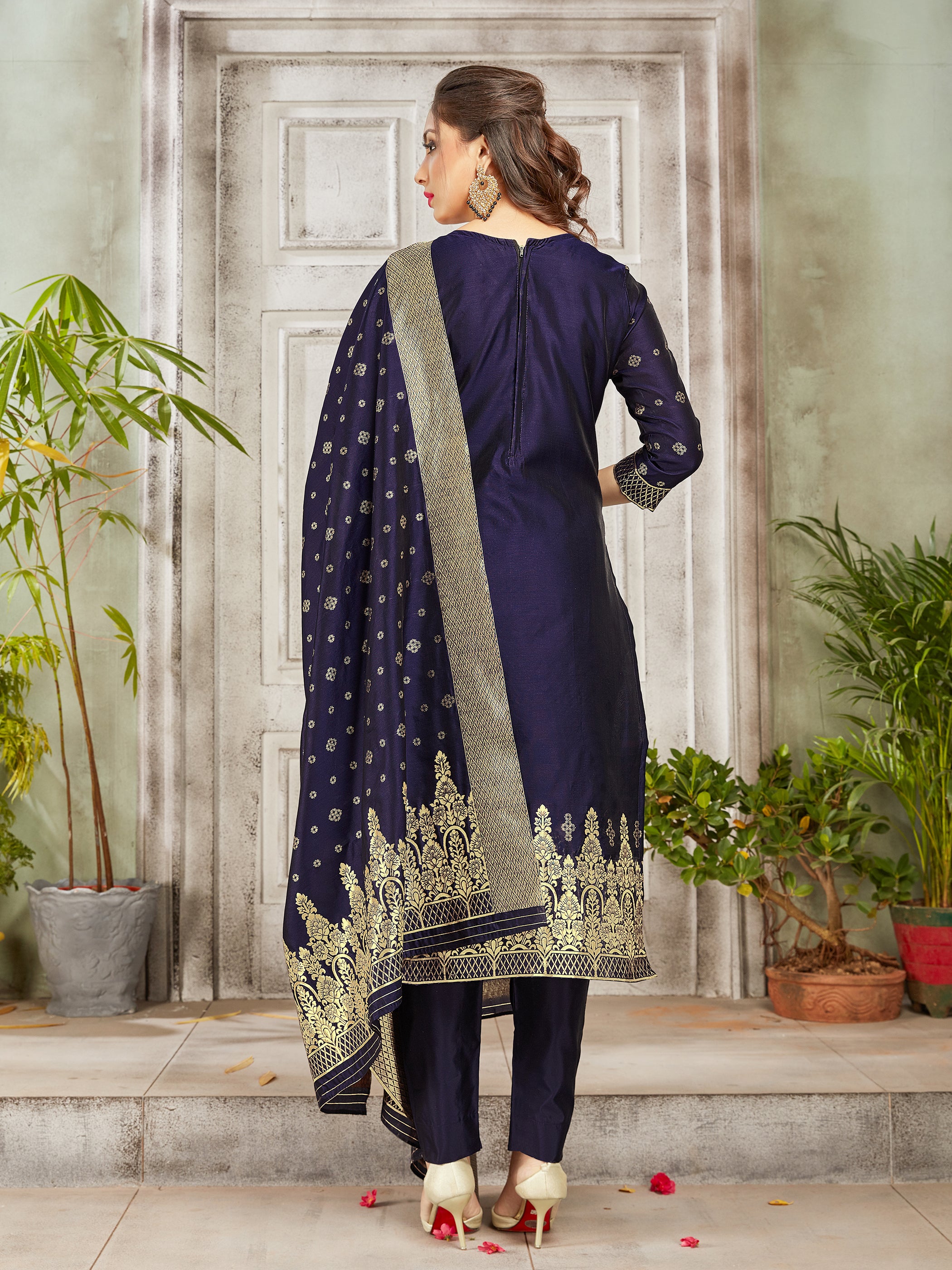 Trendy Suit Navy Blue Color Banarasi Art Silk Woven Dress For Engagement