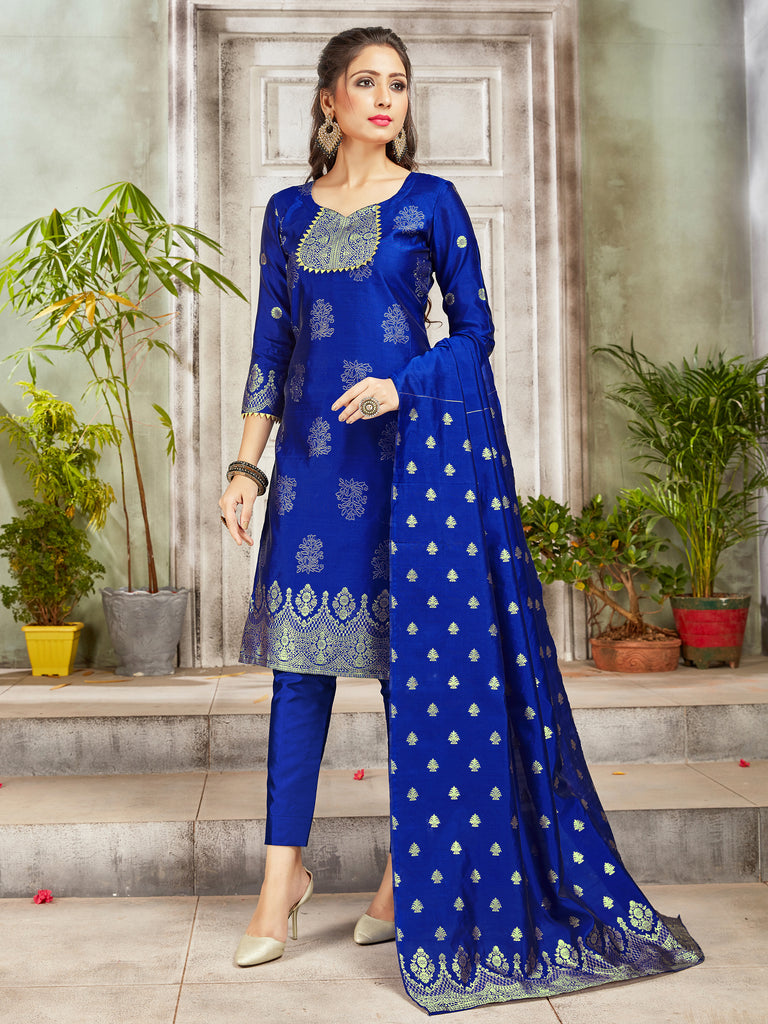 Trendy Suit Royal Blue Color Banarasi Art Silk Woven Dress For Engagement