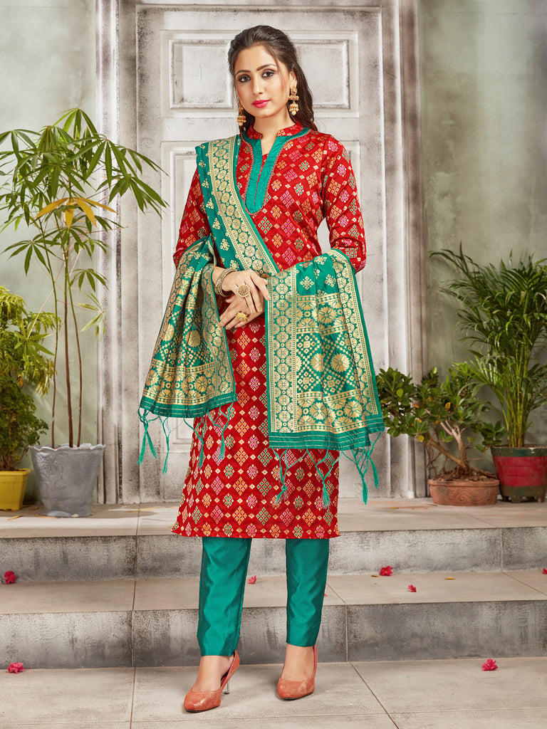 Trendy Suit Red Color Banarasi Art Silk Woven Dress For Engagement