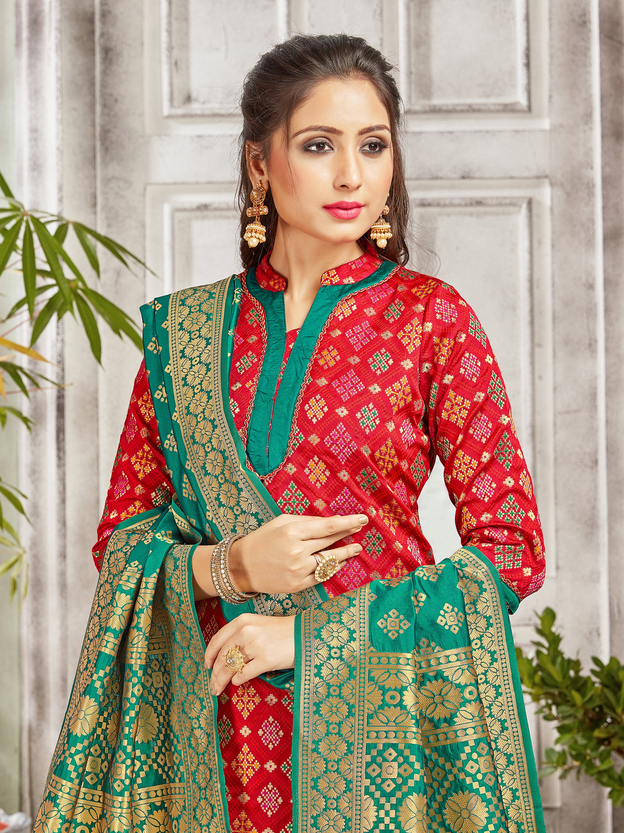 Trendy Suit Red Color Banarasi Art Silk Woven Dress For Engagement