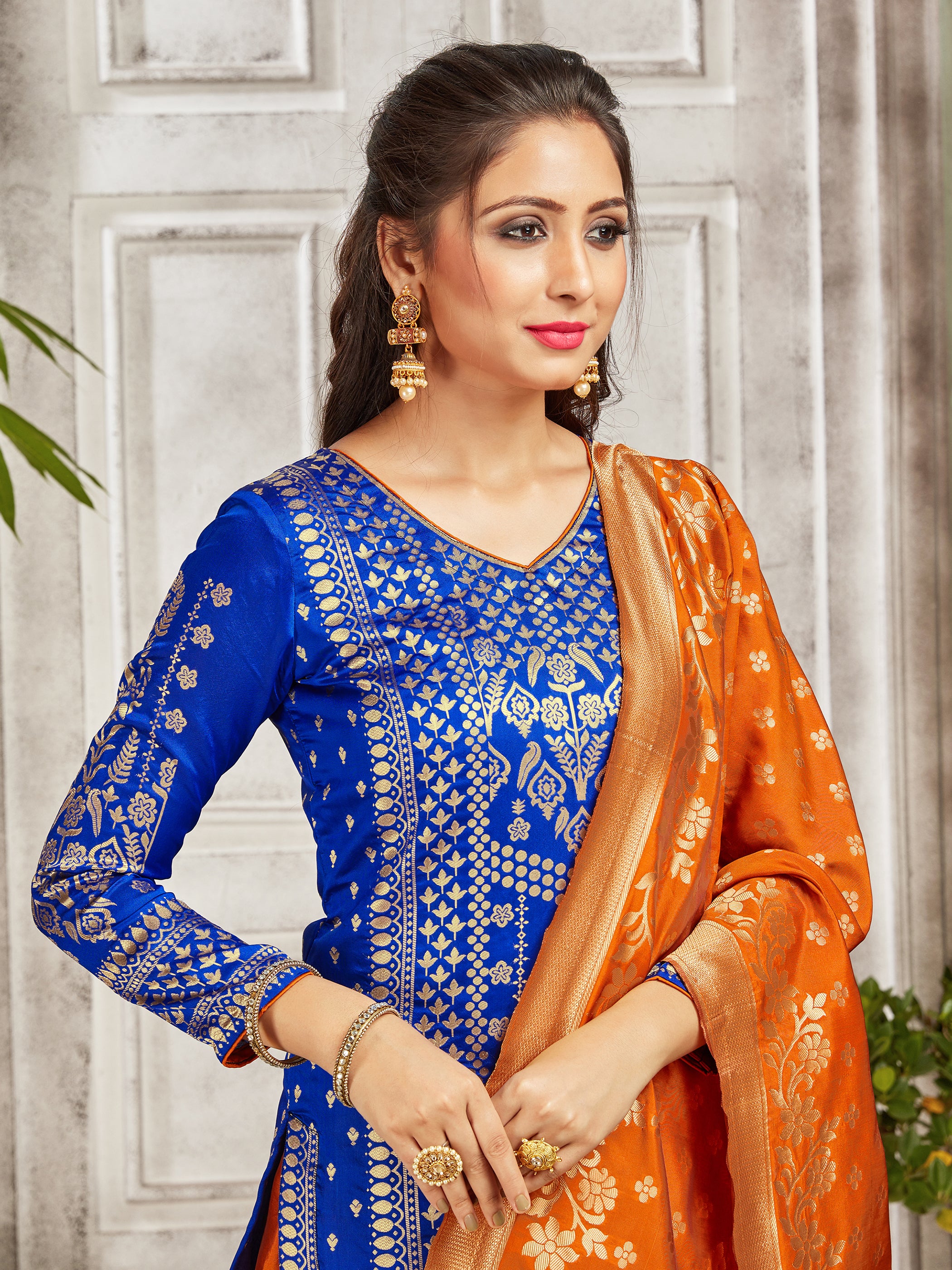 Trendy Suit Royal Blue Color Banarasi Art Silk Woven Dress For Engagement