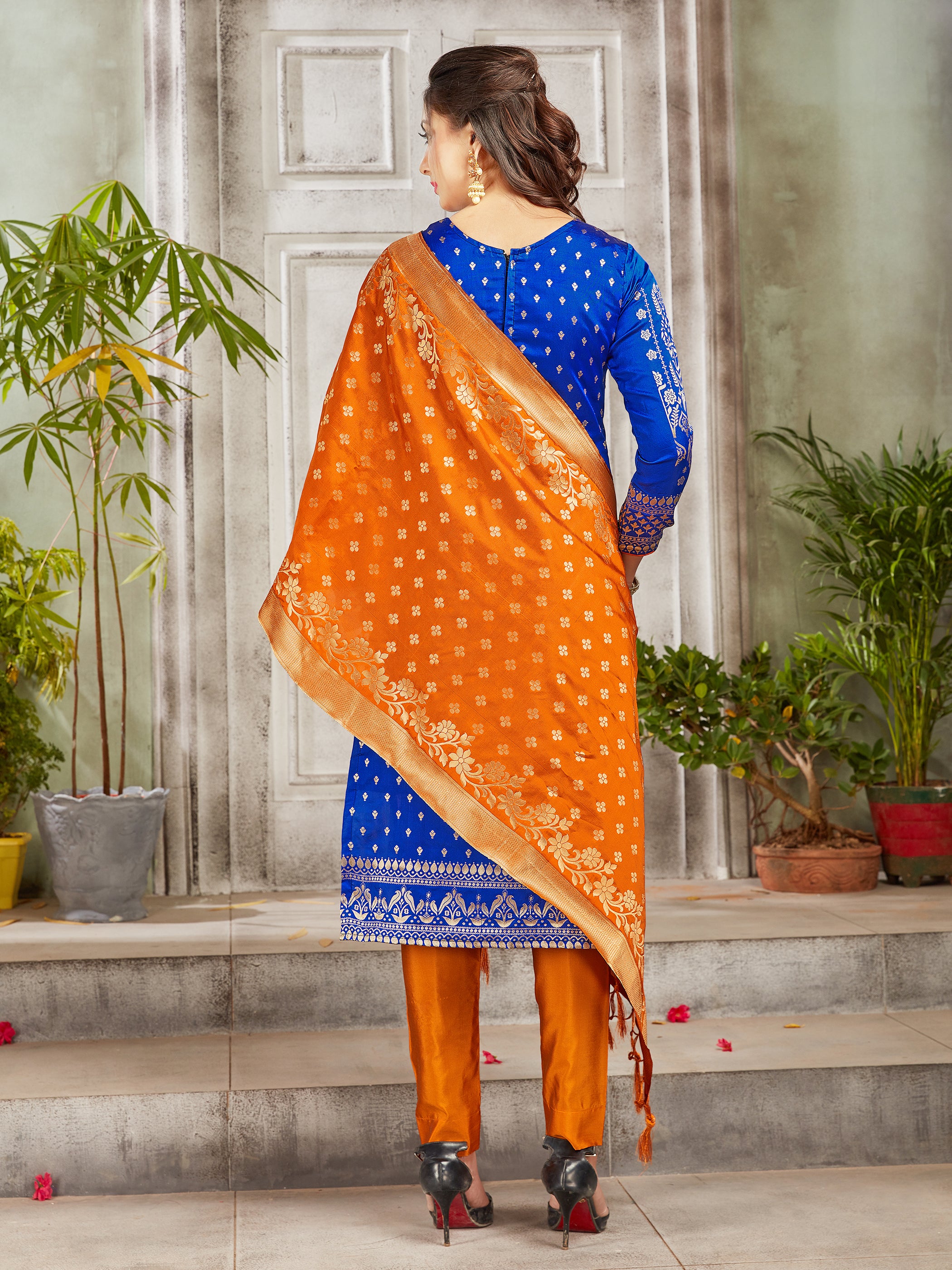 Trendy Suit Royal Blue Color Banarasi Art Silk Woven Dress For Engagement