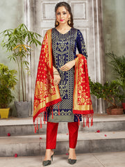 Trendy Suit Navy Blue Color Banarasi Art Silk Woven Dress For Engagement