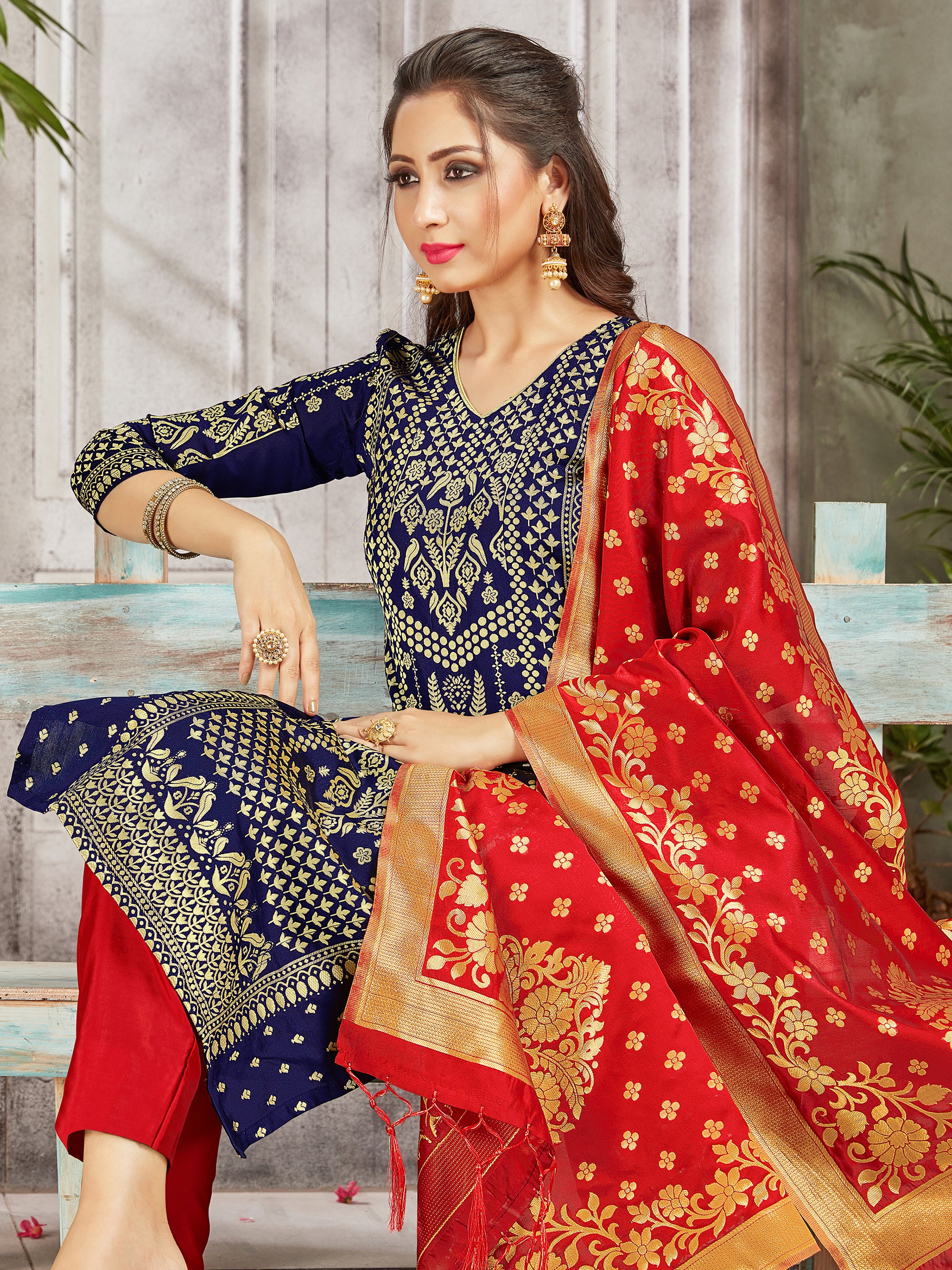 Trendy Suit Navy Blue Color Banarasi Art Silk Woven Dress For Engagement