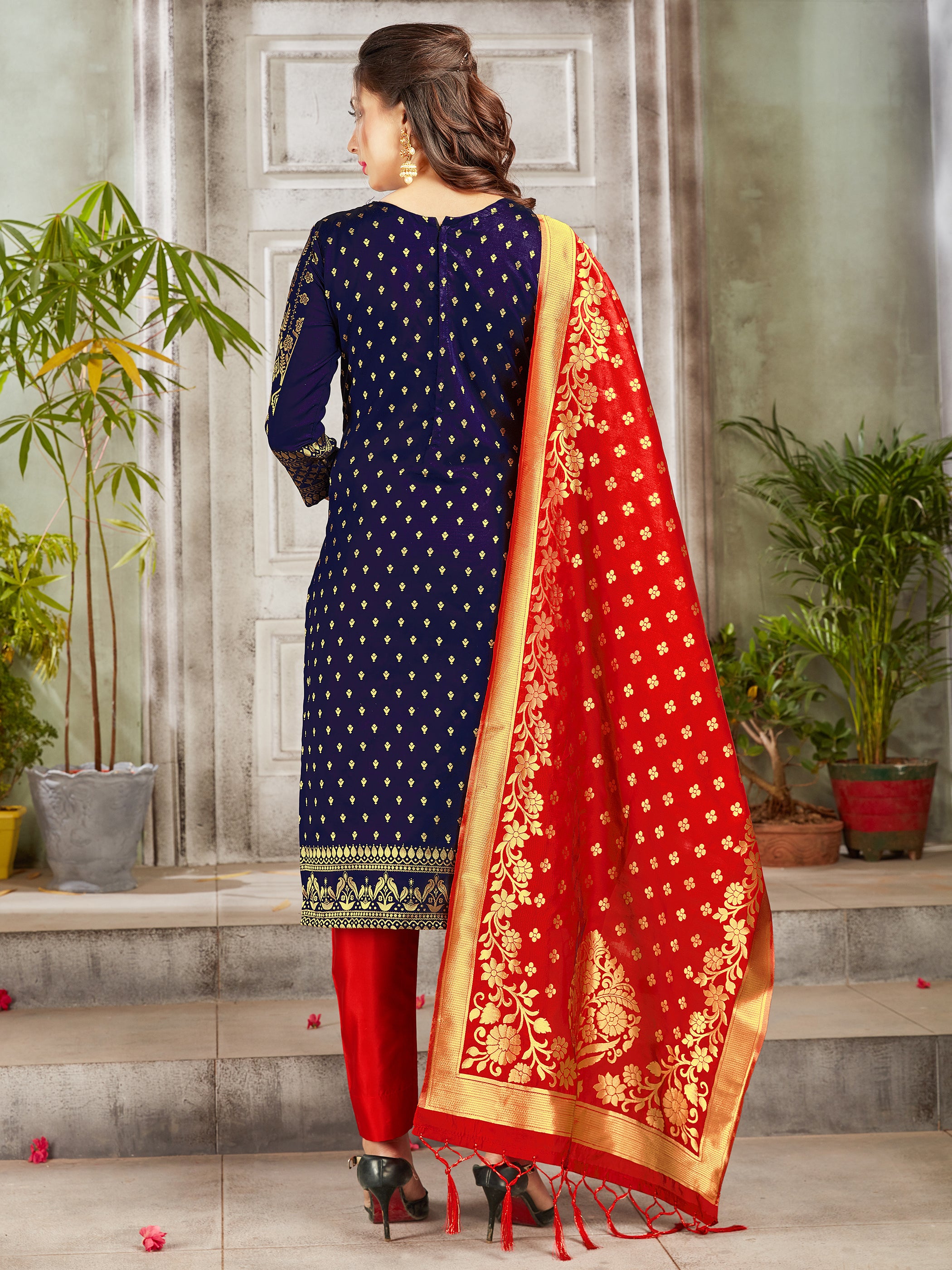 Trendy Suit Navy Blue Color Banarasi Art Silk Woven Dress For Engagement