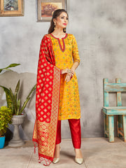 Trendy Suit Yellow Color Banarasi Art Silk Woven Dress For Engagement