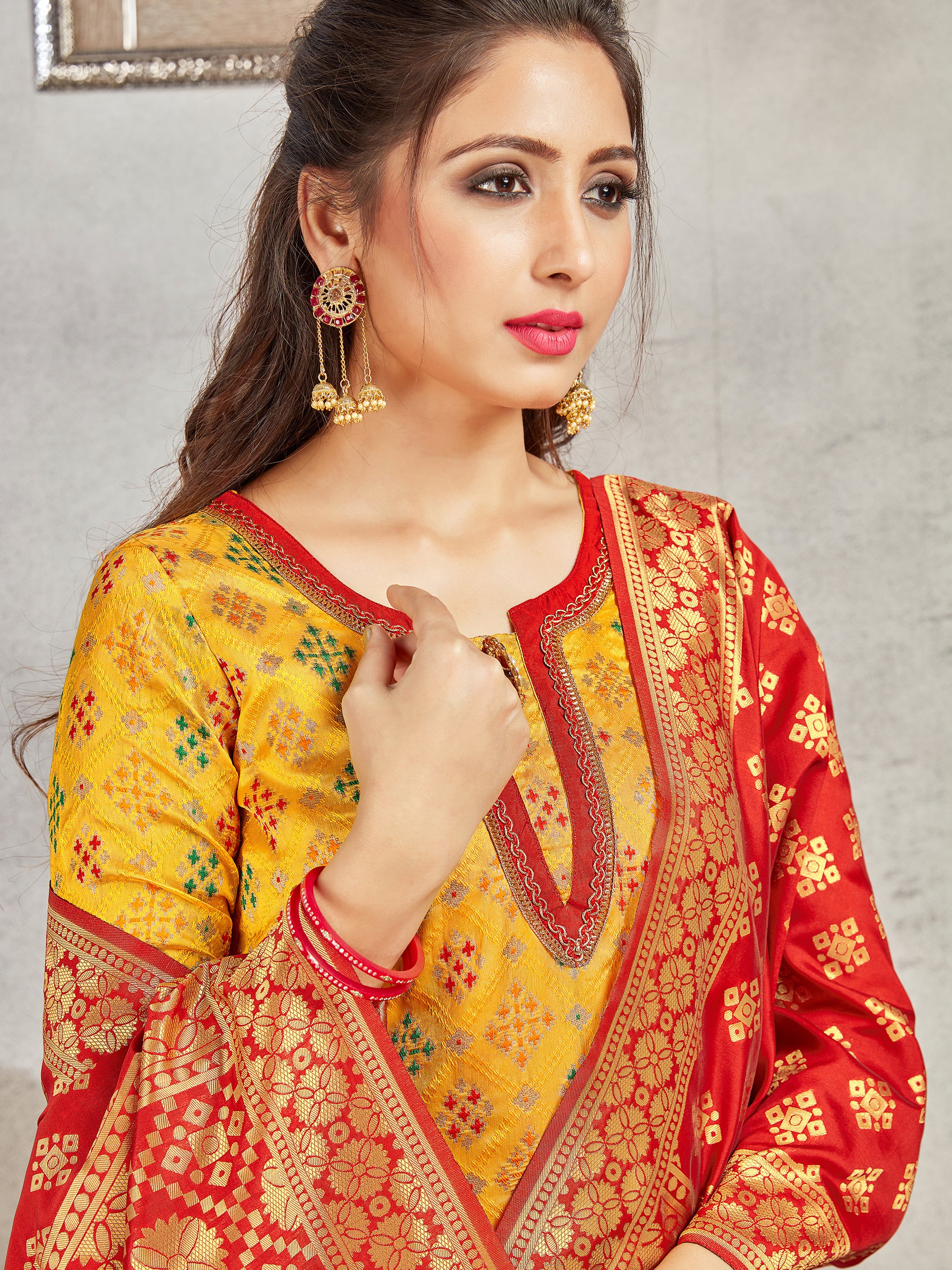 Trendy Suit Yellow Color Banarasi Art Silk Woven Dress For Engagement