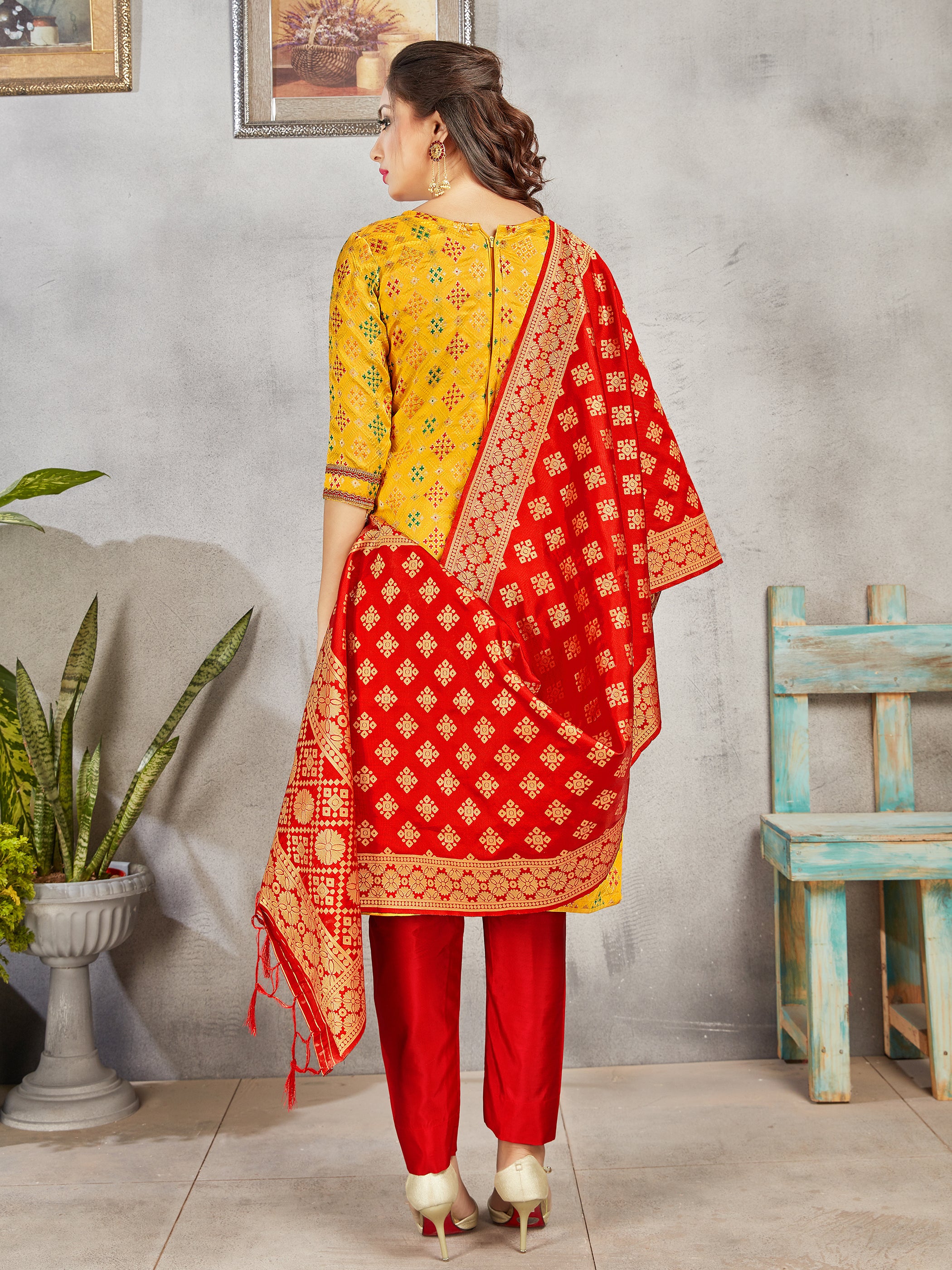 Trendy Suit Yellow Color Banarasi Art Silk Woven Dress For Engagement