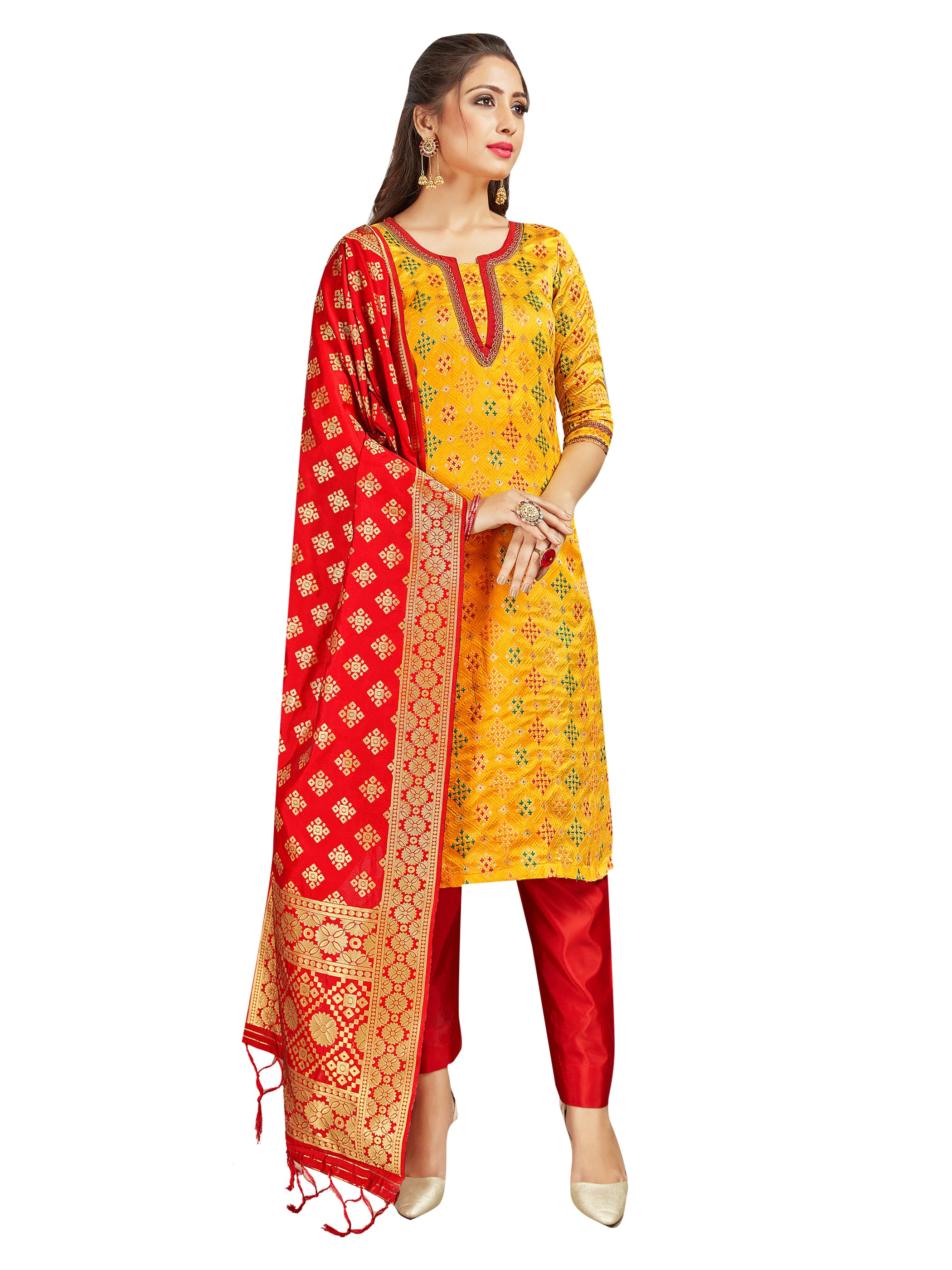 Trendy Suit Yellow Color Banarasi Art Silk Woven Dress For Engagement