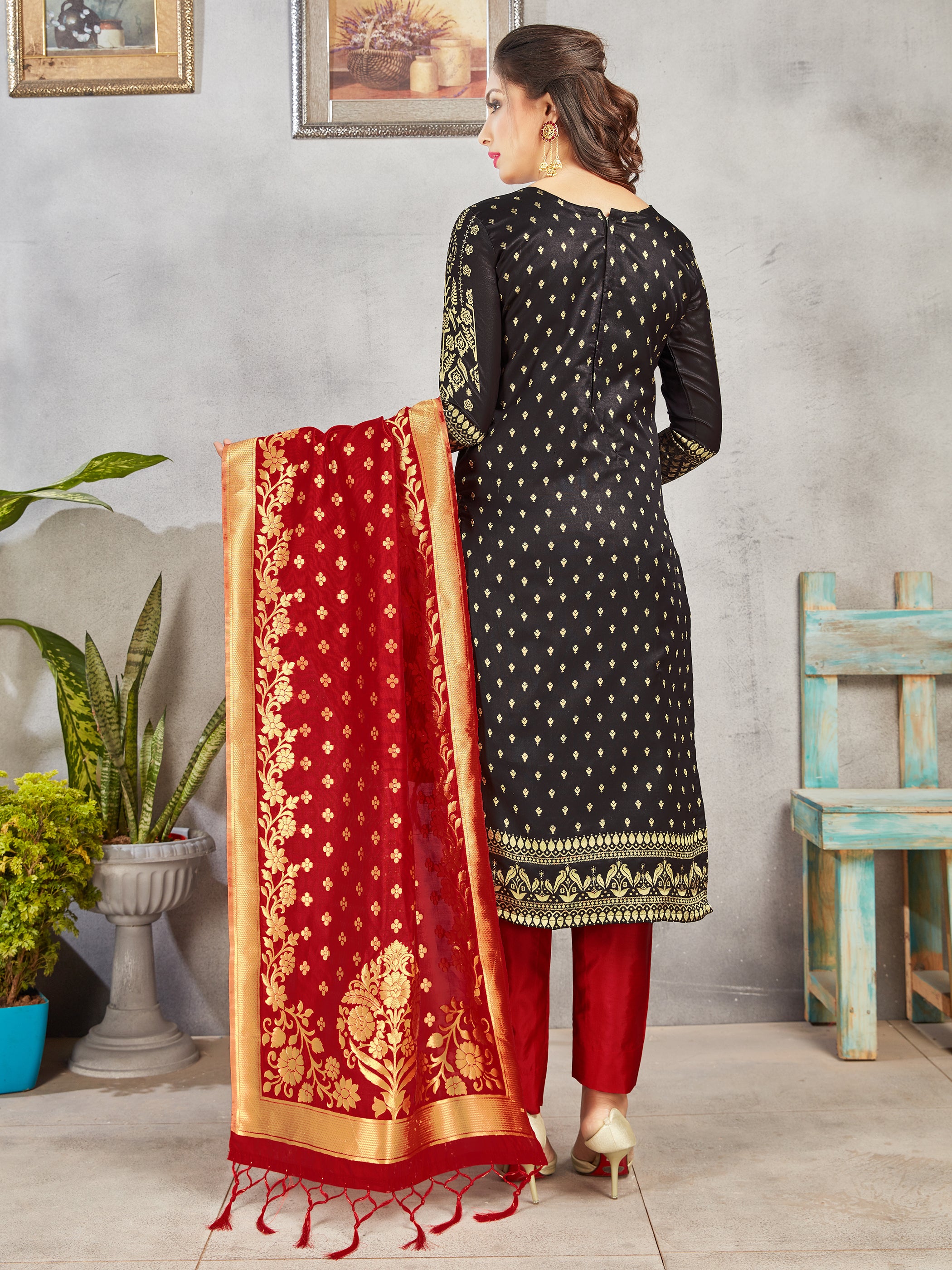 Trendy Suit Black Color Banarasi Art Silk Woven Dress For Engagement