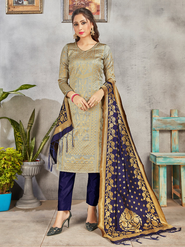 Trendy Suit Gray Color Banarasi Art Silk Woven Dress For Engagement