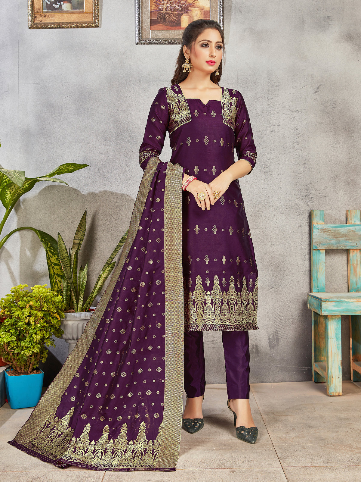 Trendy Suit Purple Color Banarasi Art Silk Woven Dress For Engagement