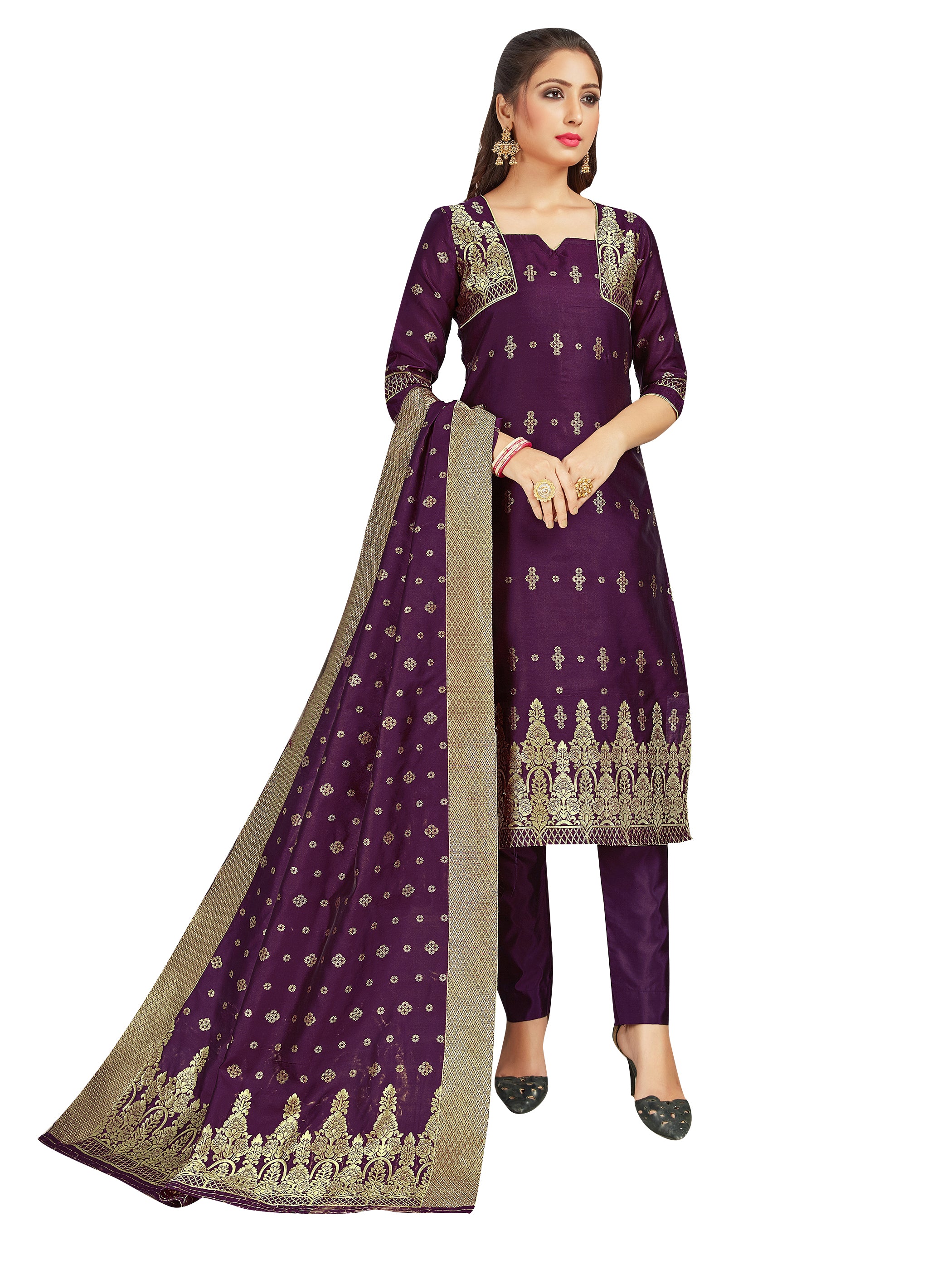 Trendy Suit Purple Color Banarasi Art Silk Woven Dress For Engagement