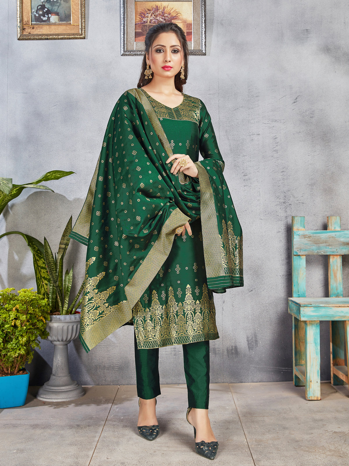 Trendy Suit Green Color Banarasi Art Silk Woven Dress For Engagement