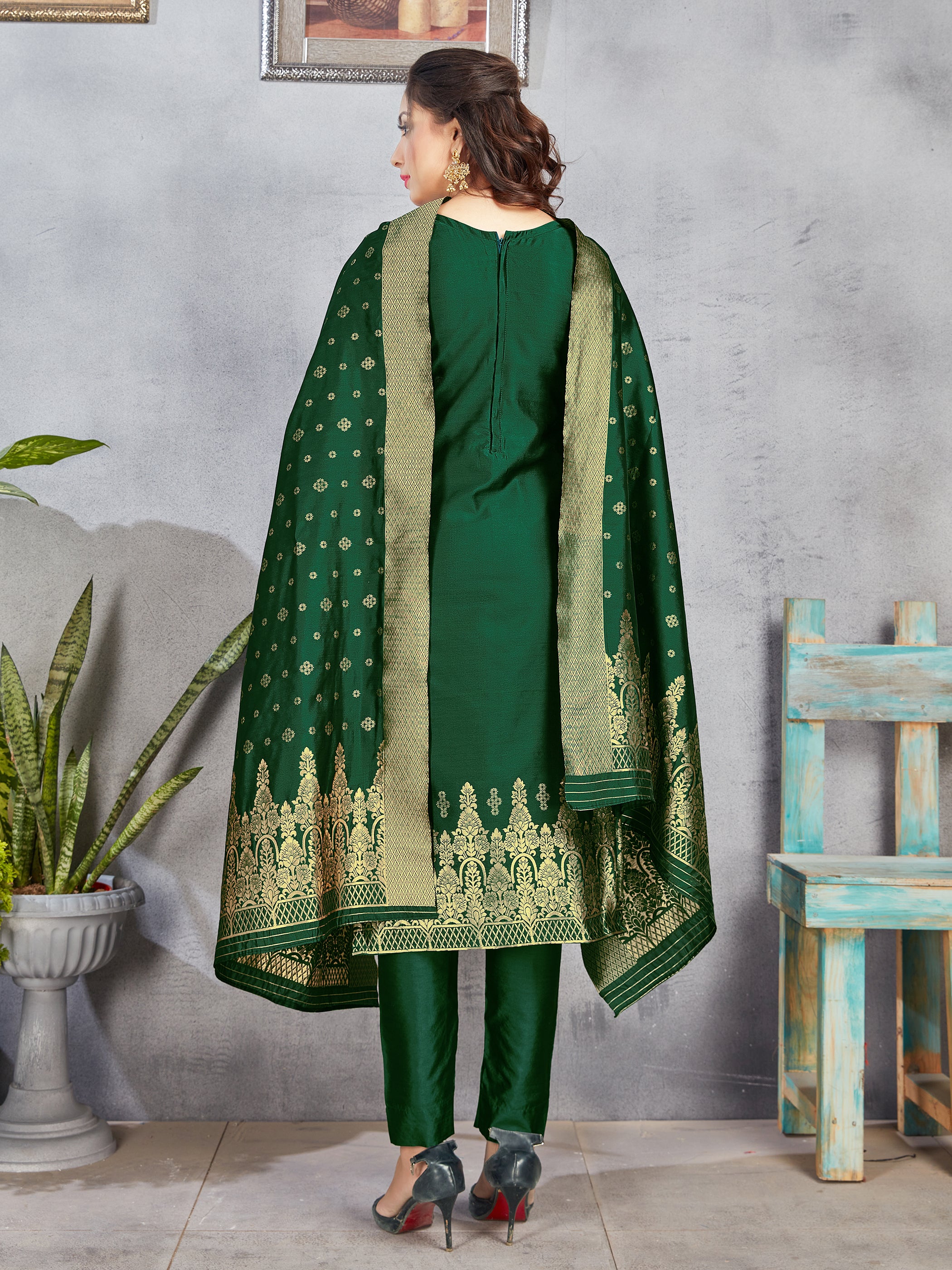 Trendy Suit Green Color Banarasi Art Silk Woven Dress For Engagement