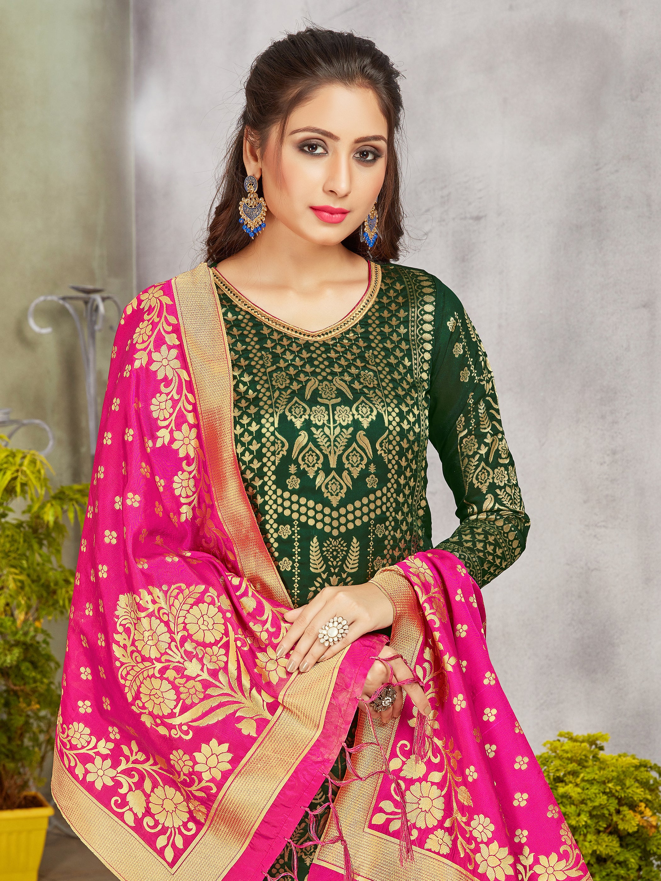 Trendy Suit Green Color Banarasi Art Silk Woven Dress For Engagement