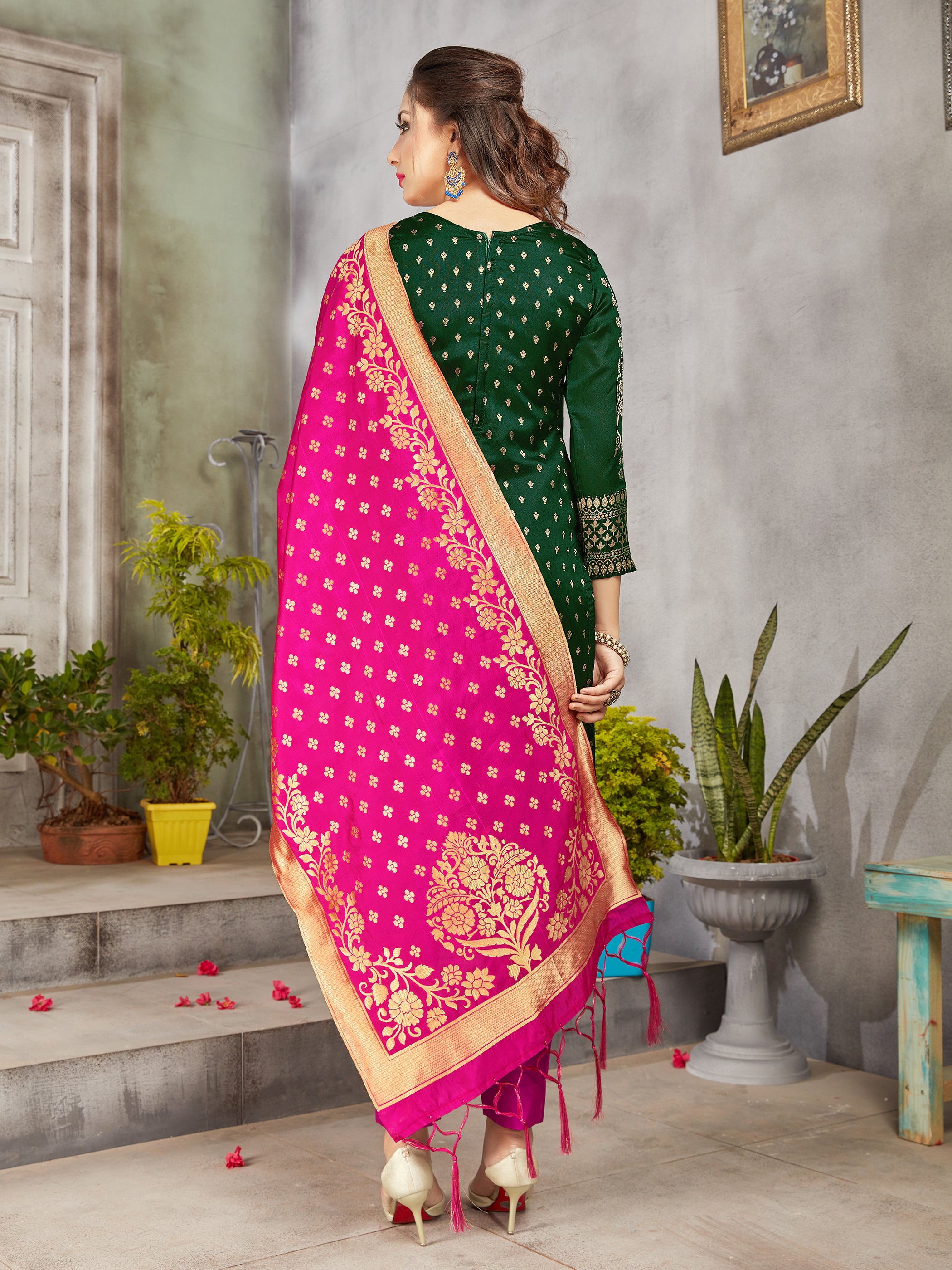 Trendy Suit Green Color Banarasi Art Silk Woven Dress For Engagement