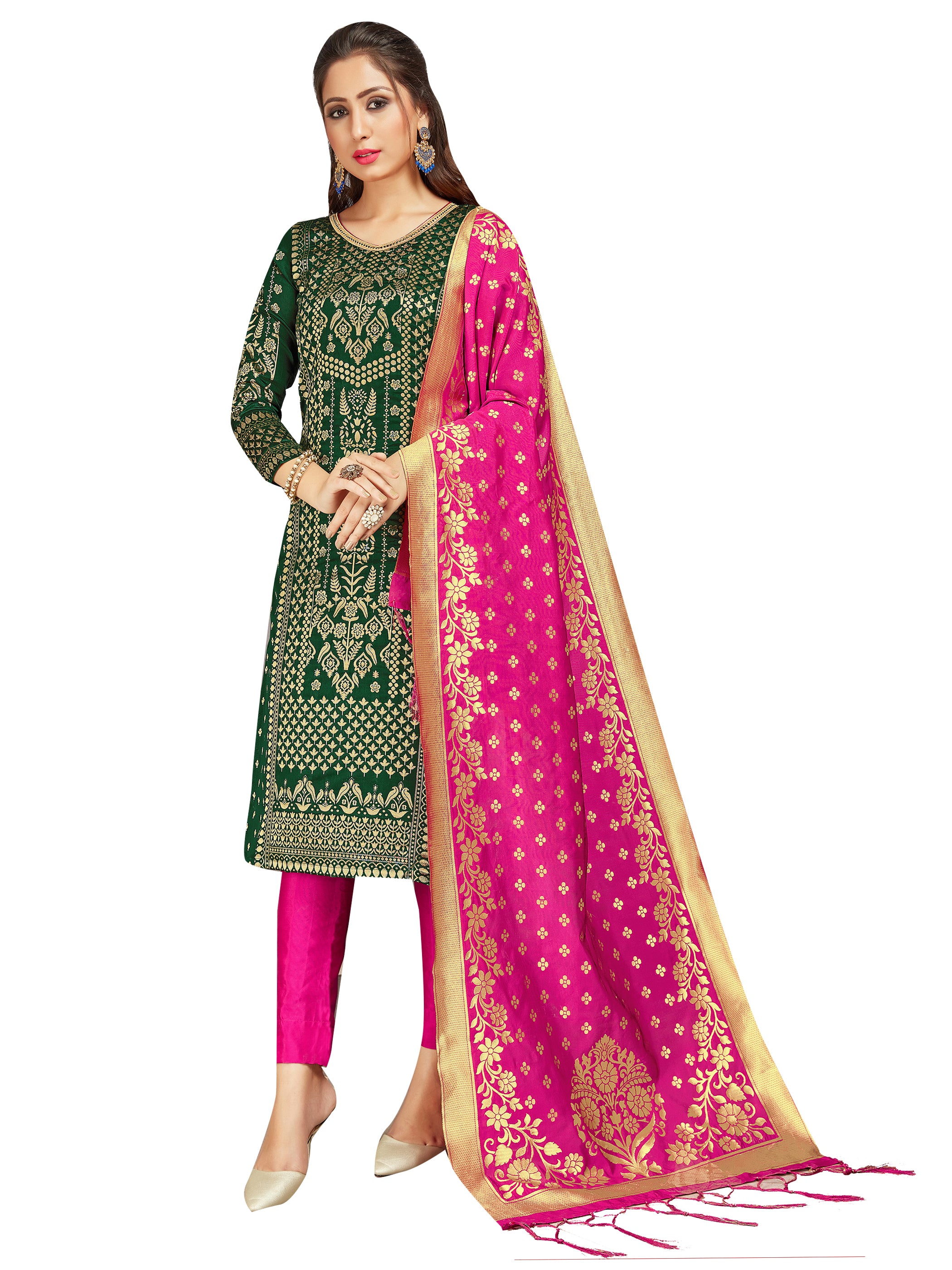 Trendy Suit Green Color Banarasi Art Silk Woven Dress For Engagement