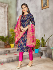 Trendy Suit Navy Blue Color Banarasi Art Silk Woven Dress For Engagement