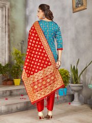 Trendy Suit Turquoise Color Banarasi Art Silk Woven Dress For Engagement