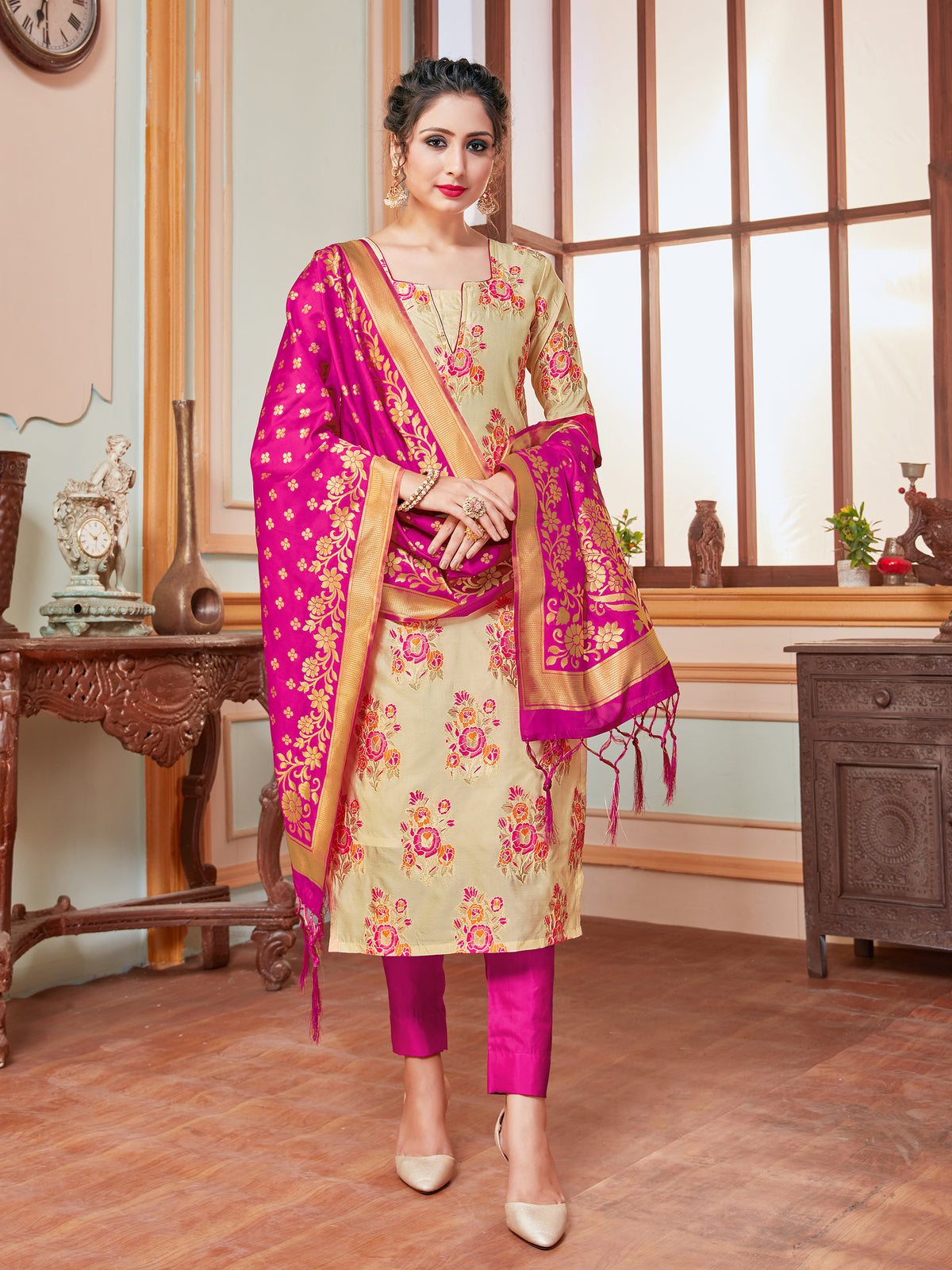 Designer Suit Cream Color Banarasi Art Silk Woven Dress For Festival