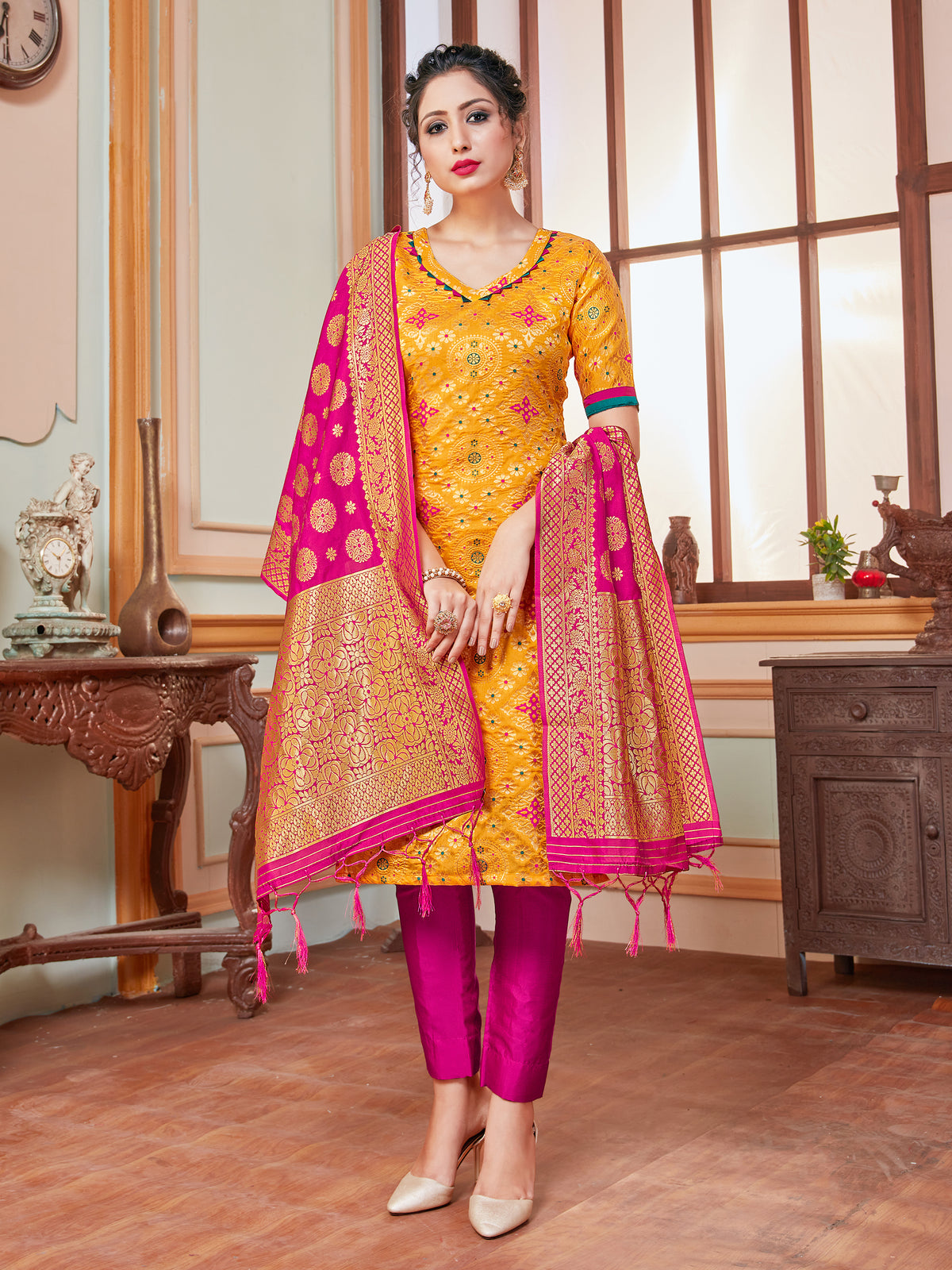 Designer Suit Yellow Color Banarasi Art Silk Woven Dress For Festival