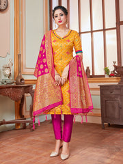 Designer Suit Yellow Color Banarasi Art Silk Woven Dress For Festival