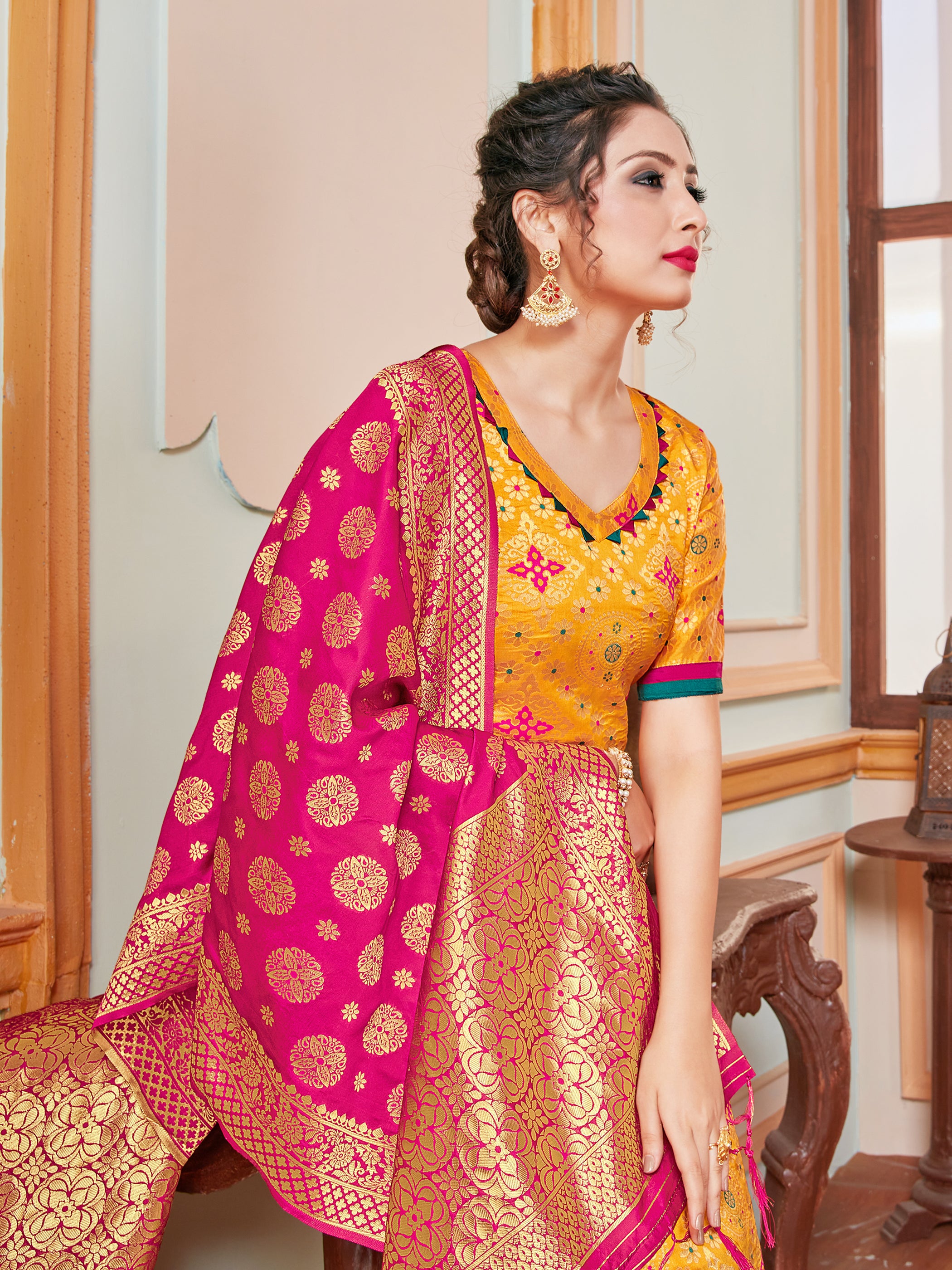 Designer Suit Yellow Color Banarasi Art Silk Woven Dress For Festival