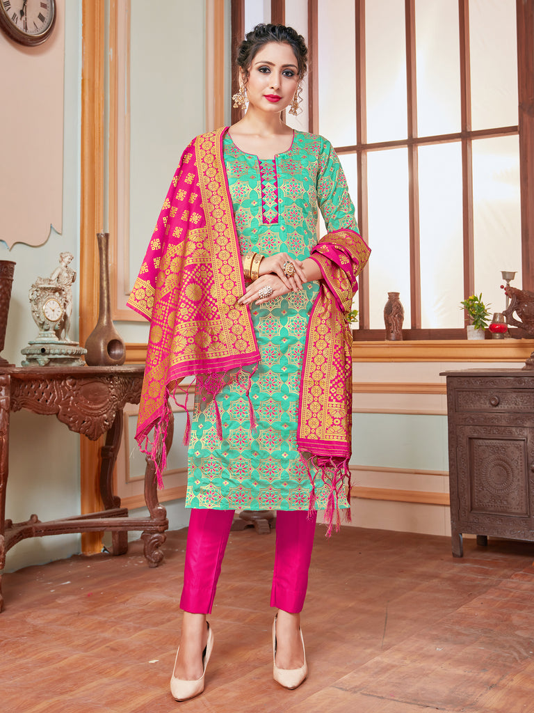 Designer Suit Teal Color Banarasi Art Silk Woven Dress For Festival