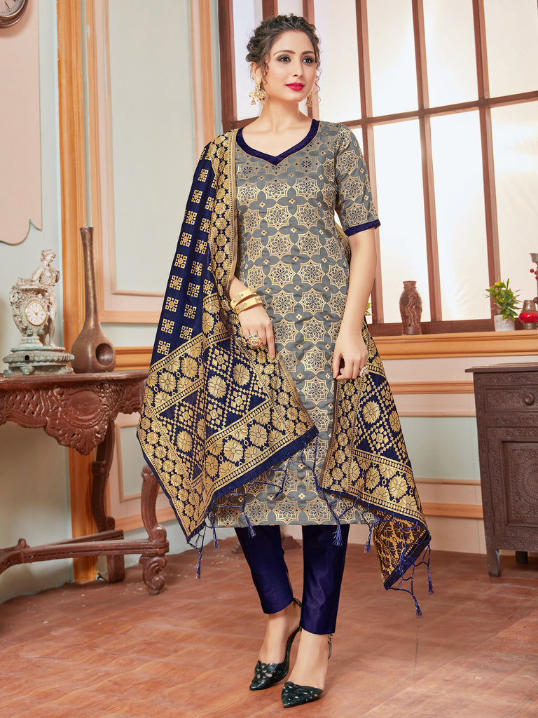 Designer Suit Gray Color Banarasi Art Silk Woven Dress For Festival