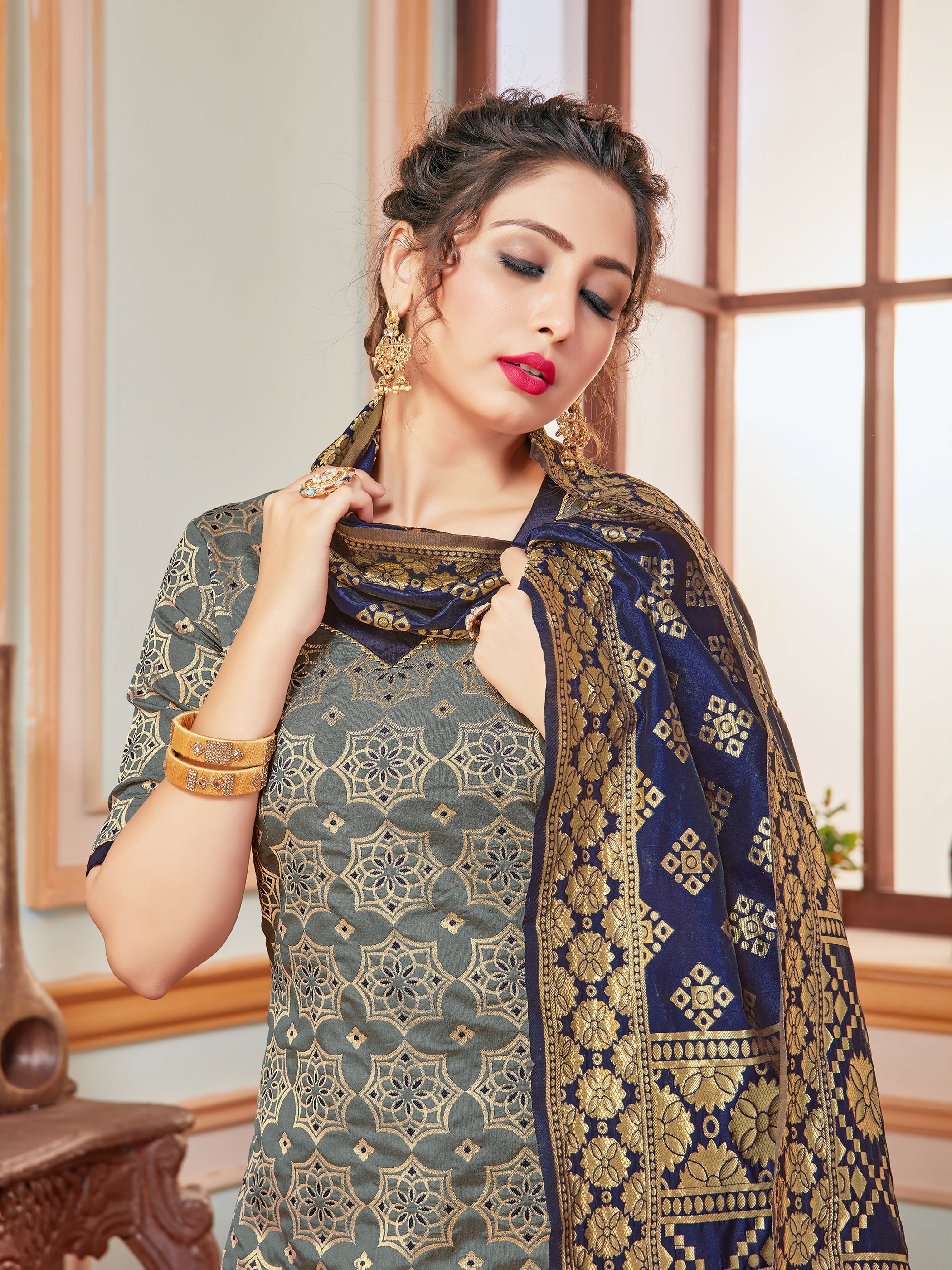 Designer Suit Gray Color Banarasi Art Silk Woven Dress For Festival