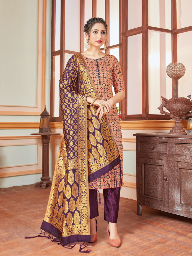 Designer Suit Peach Color Banarasi Art Silk Woven Dress For Festival