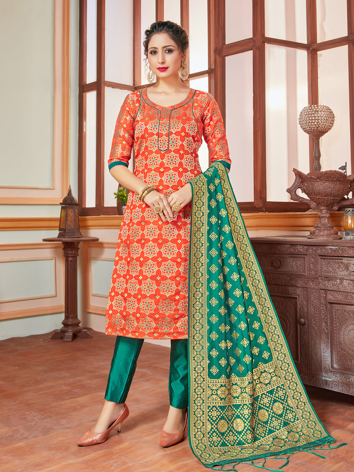 Designer Suit Orange Color Banarasi Art Silk Woven Dress For Festival