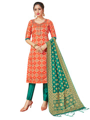 Designer Suit Orange Color Banarasi Art Silk Woven Dress For Festival