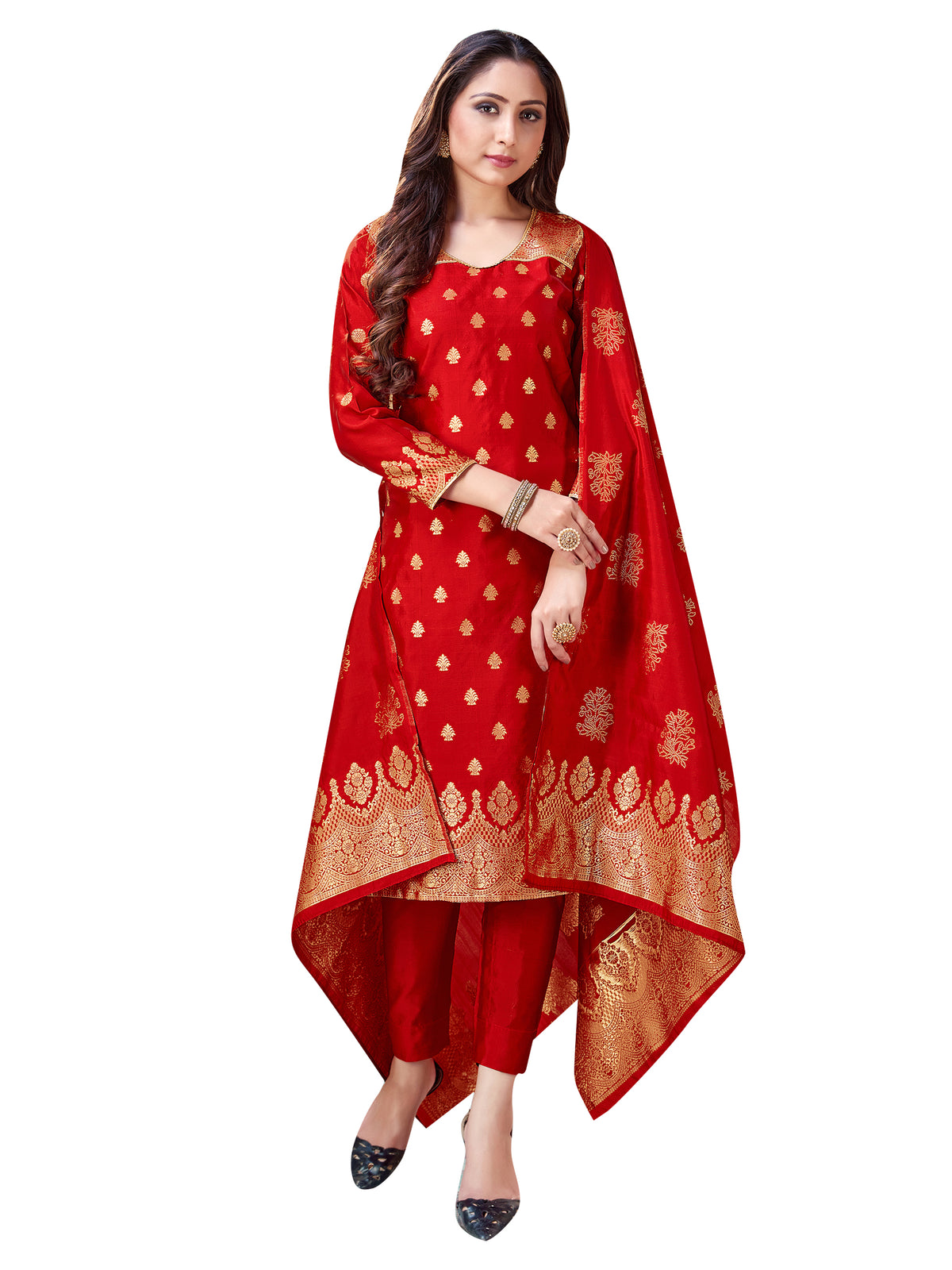 Designer Suit Red Color Banarasi Art Silk Woven Dress For Festival