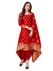 Designer Suit Red Color Banarasi Art Silk Woven Dress For Festival