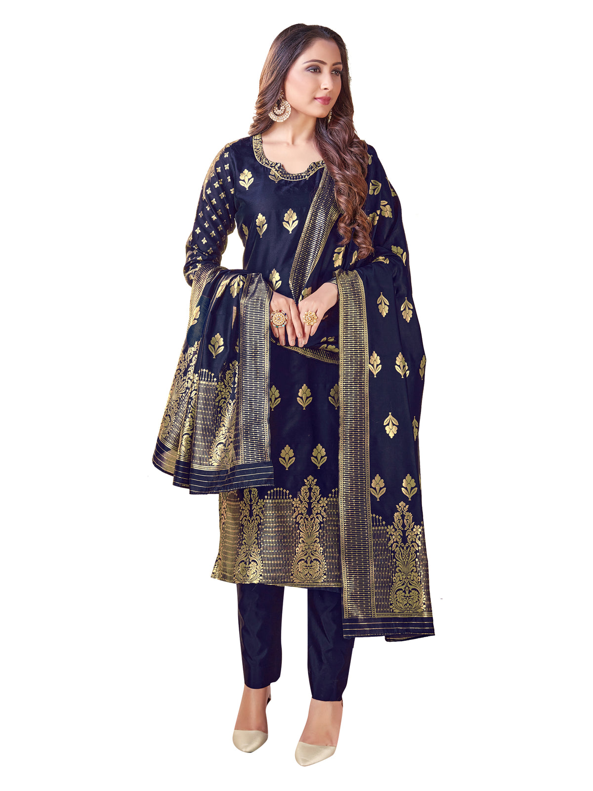 Designer Suit Navy Blue Color Banarasi Art Silk Woven Dress For Festival