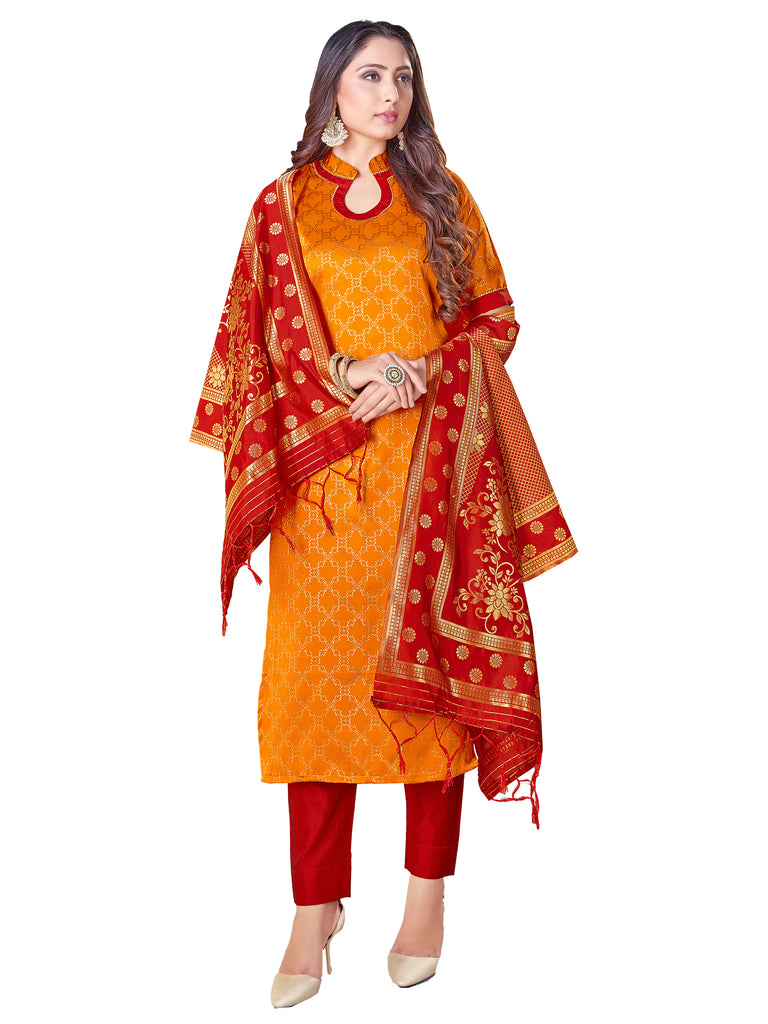 Designer Suit Orange Color Banarasi Art Silk Woven Dress For Festival