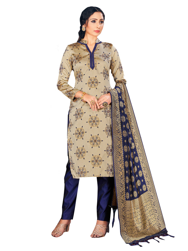 Designer Suit Beige Color Banarasi Art Silk Woven Dress For Festival