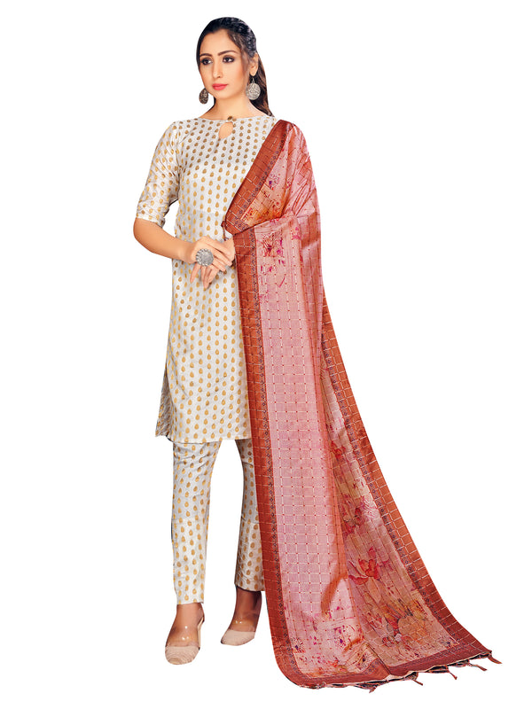 Designer Suit Beige Color Banarasi Art Silk Woven Dress For Festival
