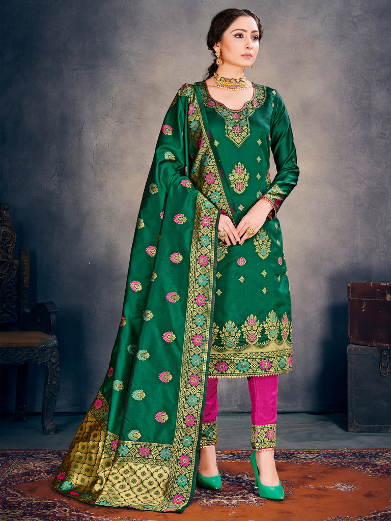 Trendy Suit Green Color Banarasi Art Silk Woven Dress For Party