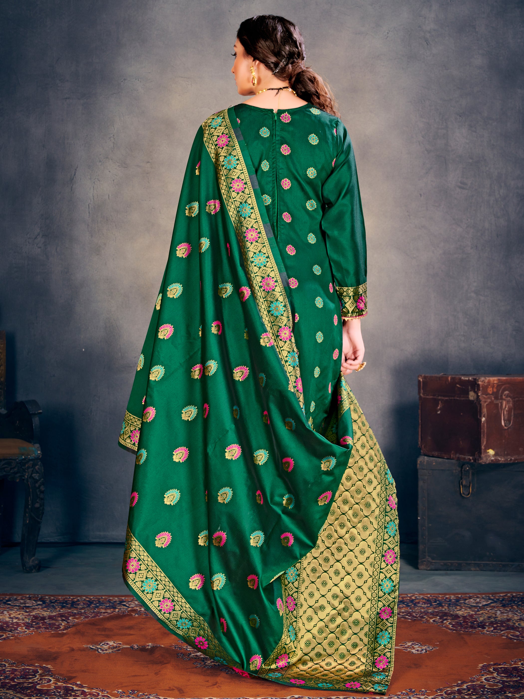 Trendy Suit Green Color Banarasi Art Silk Woven Dress For Party