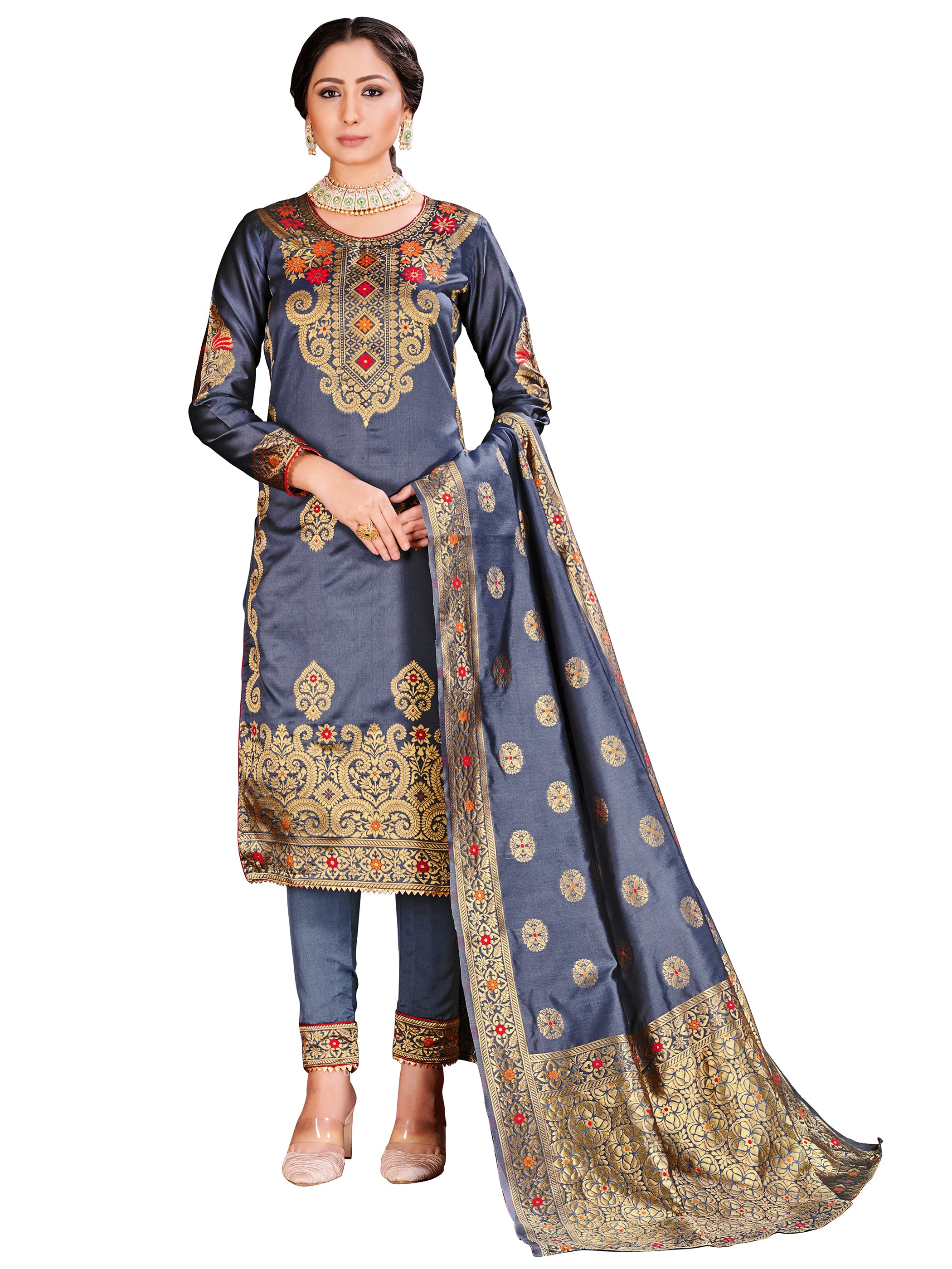 Trendy Suit Grey Color Banarasi Art Silk Woven Dress For Party