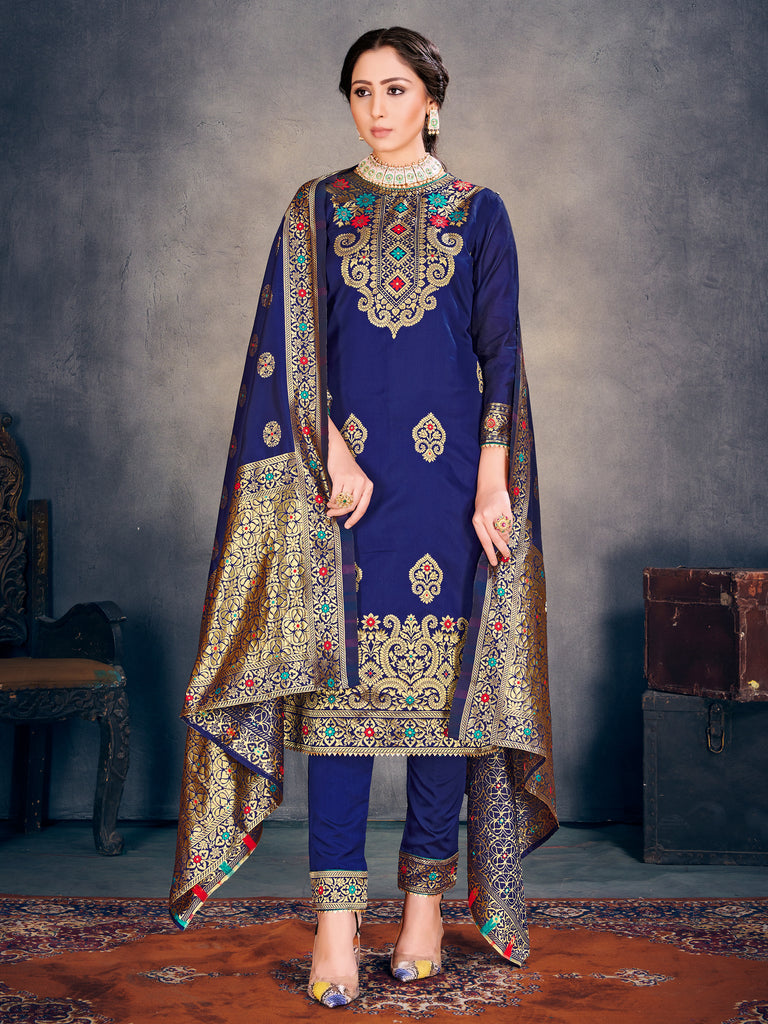 Trendy Suit Navy Blue Color Banarasi Art Silk Woven Dress For Party