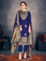 Trendy Suit Navy Blue Color Banarasi Art Silk Woven Dress For Party