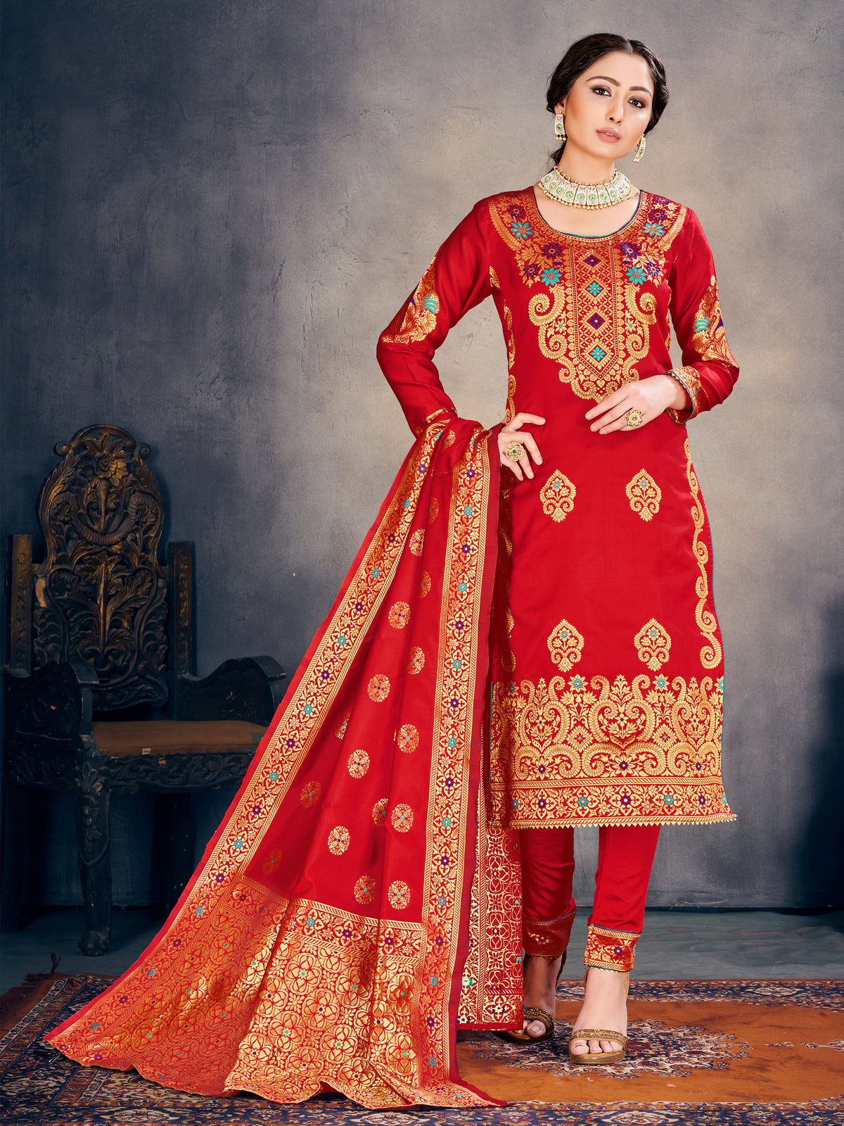 Trendy Suit Red Color Banarasi Art Silk Woven Dress For Party