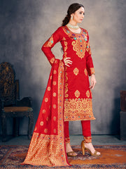 Trendy Suit Red Color Banarasi Art Silk Woven Dress For Party