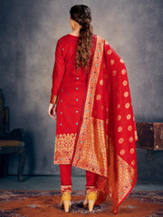 Trendy Suit Red Color Banarasi Art Silk Woven Dress For Party